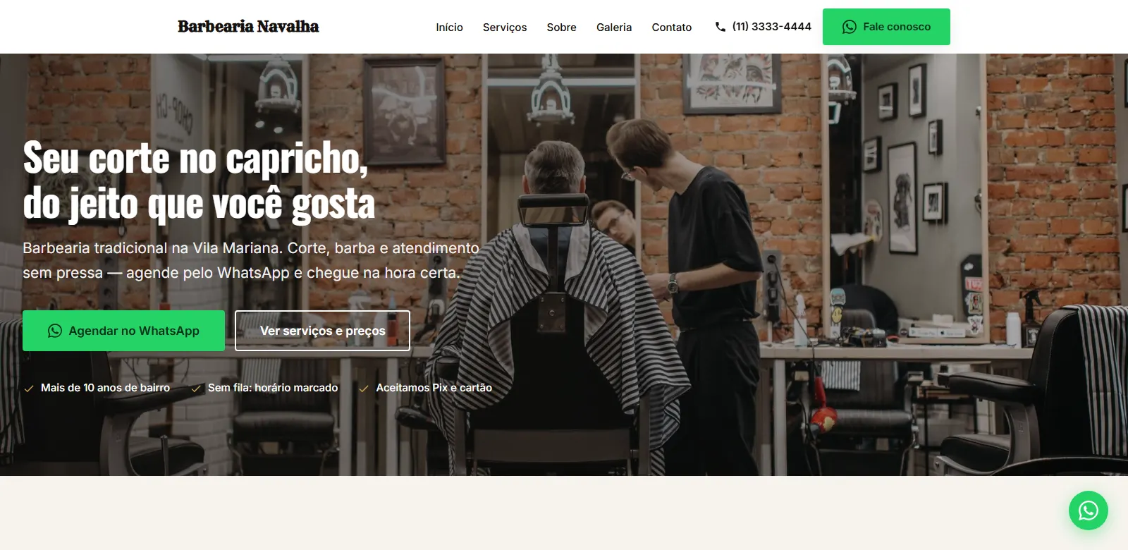 Tela inicial do site da Barbearia Navalha