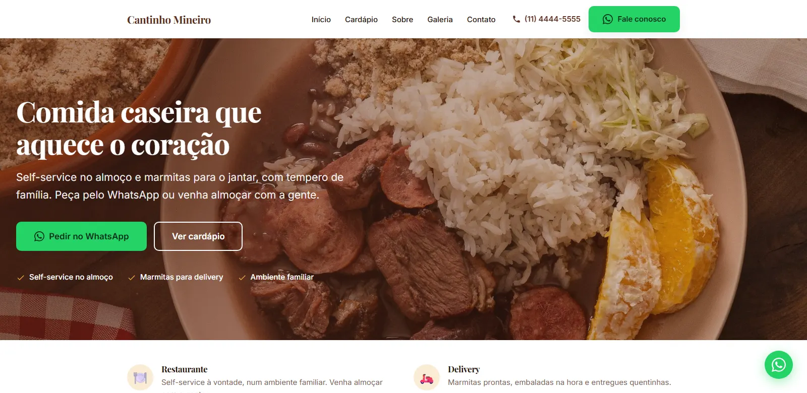 Tela inicial do site do Cantinho Mineiro